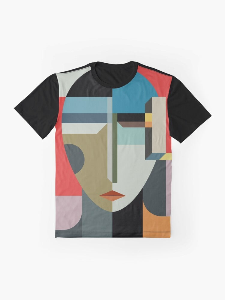 Modernist graphic t-shirt featuring an abstract, surreal woman's face with a timeless, mysterious design. - Flat lay