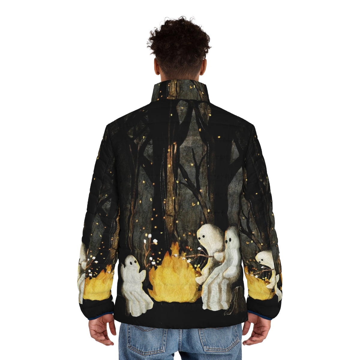 A cozy and whimsical puffer jacket featuring marshmallows and ghost stories for a spooky campfire experience - men back