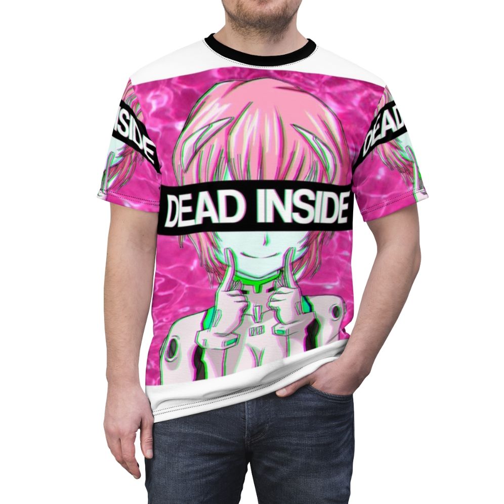 Rei Ayanami inspired t-shirt featuring a vaporwave aesthetic and "Dead Inside" design - men front