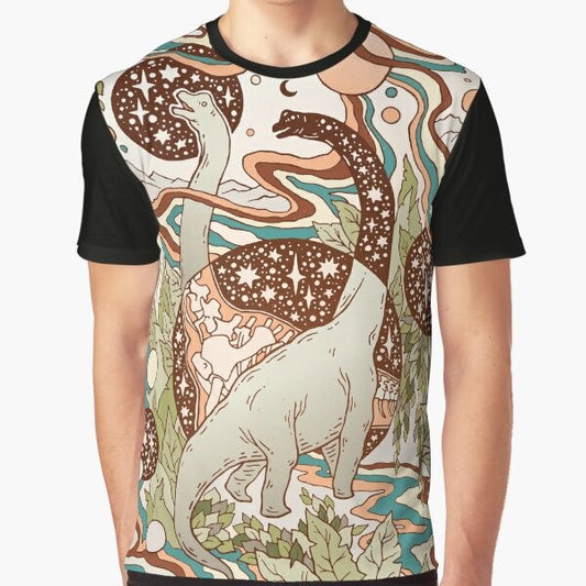 Retro dinosaur sci-fi graphic t-shirt with a psychedelic, trippy design featuring a brachiosaurus skeleton, galaxy, and space elements.