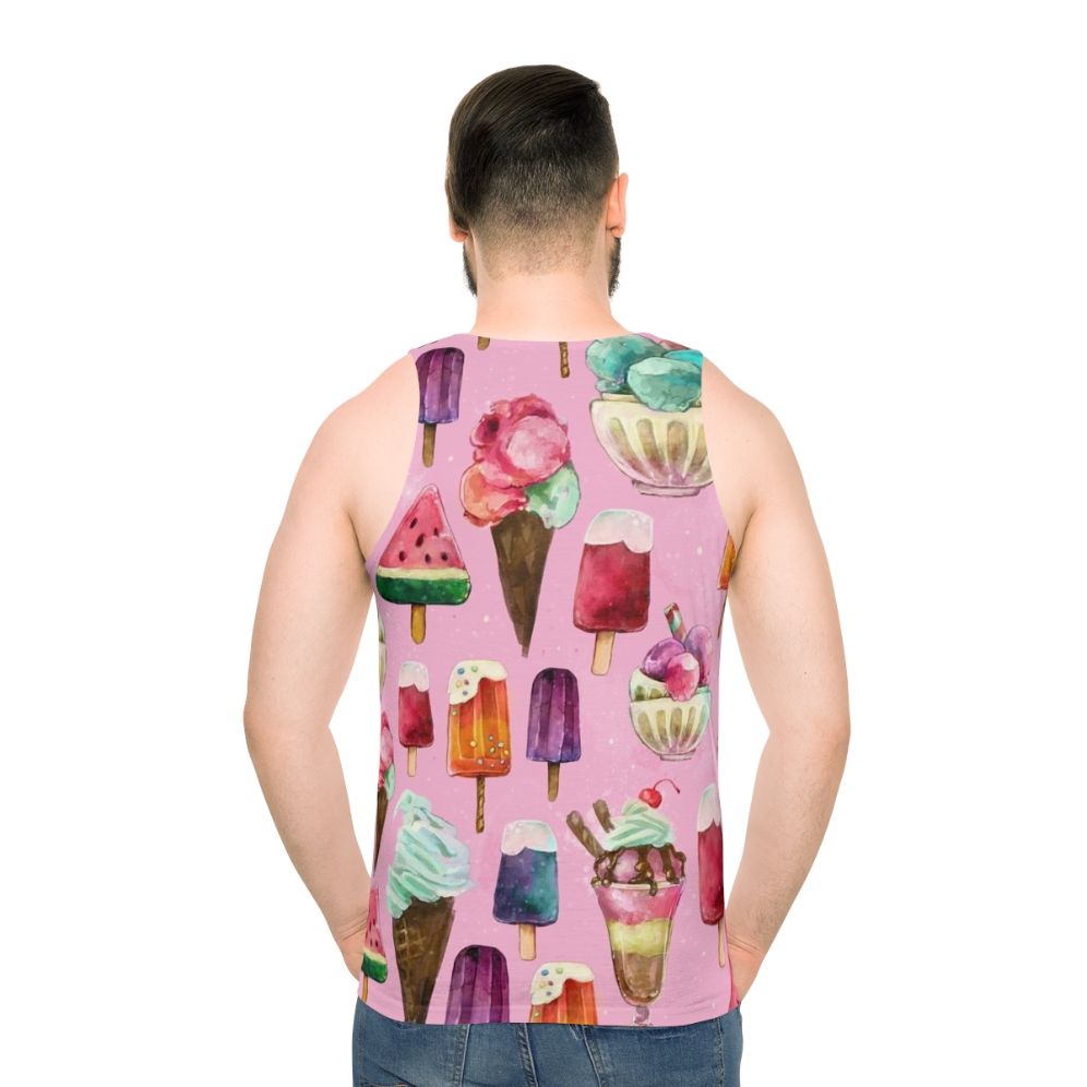 Model wearing an ice cream pattern unisex tank top - men back