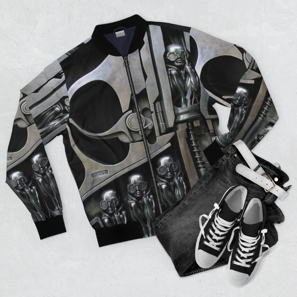 H.R. Giger-inspired bomber jacket featuring alien xenomorph sculpture design - Flat lay