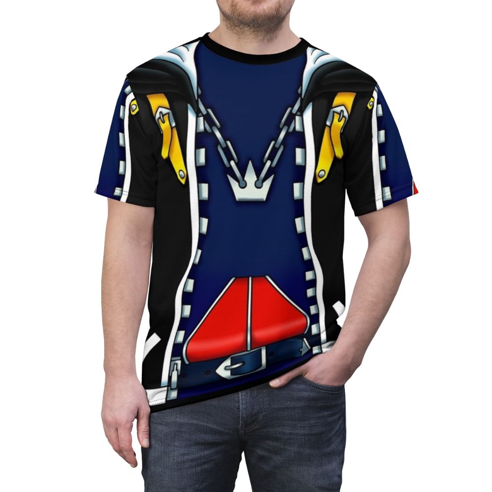 Kingdom Hearts inspired cosplay t-shirt featuring characters Sora, Riku, and Kairi - men front