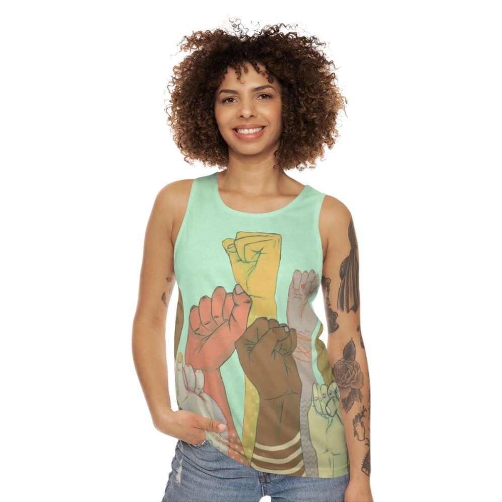 Unisex tank top with colorful arm pattern design representing diversity and unity - women