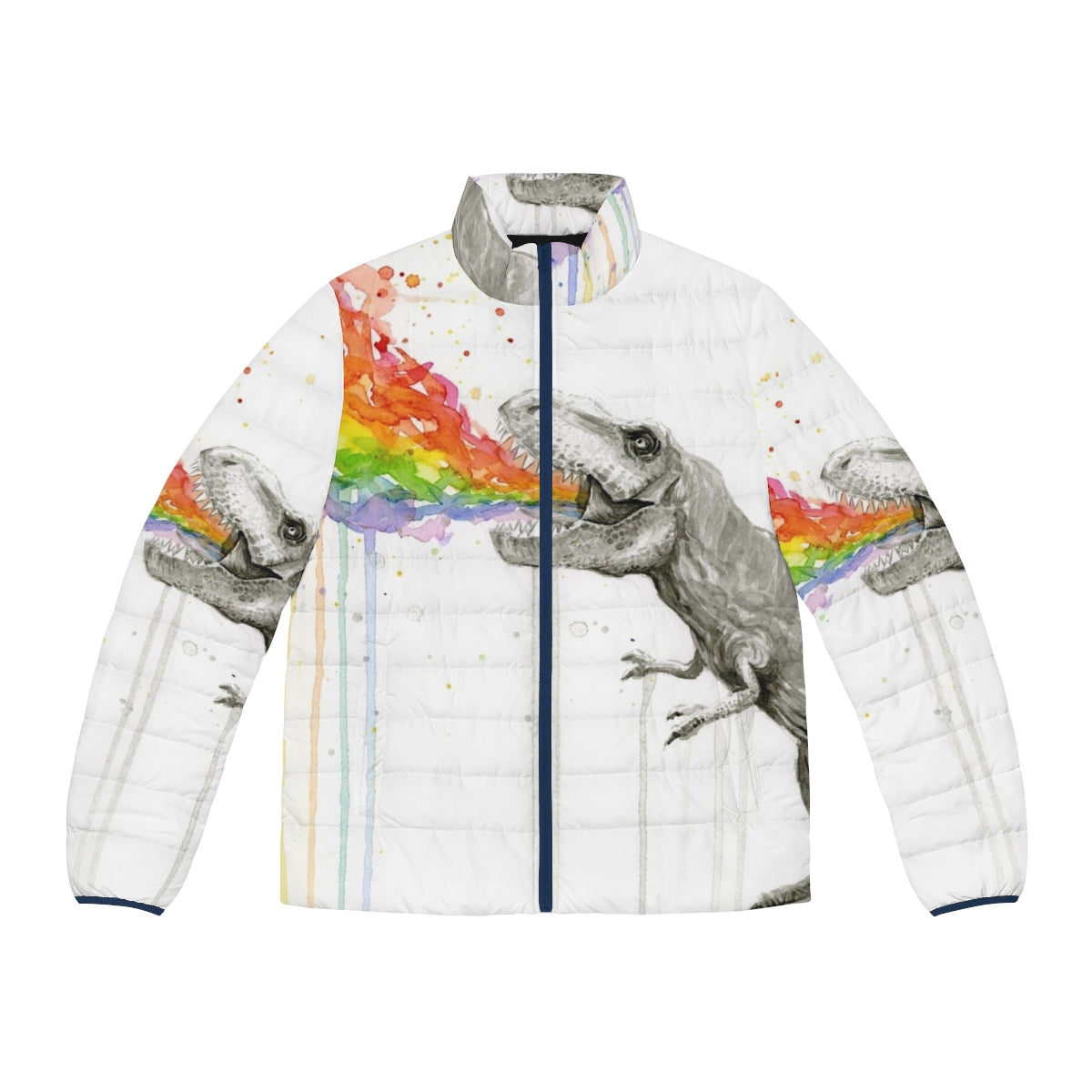 Colorful puffer jacket featuring a whimsical T-Rex dinosaur in a rainbow watercolor design