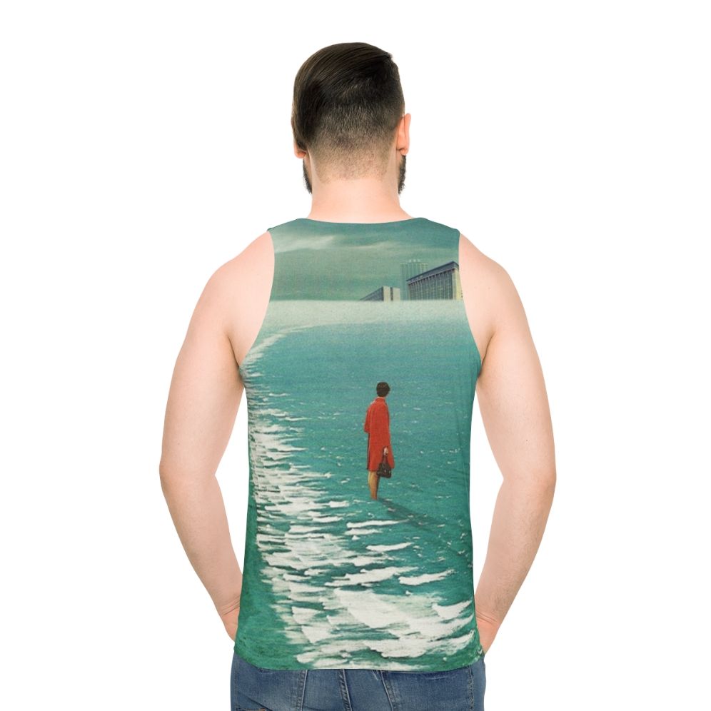 Unisex tank top with dystopian landscape and retro futuristic urban decay - men back