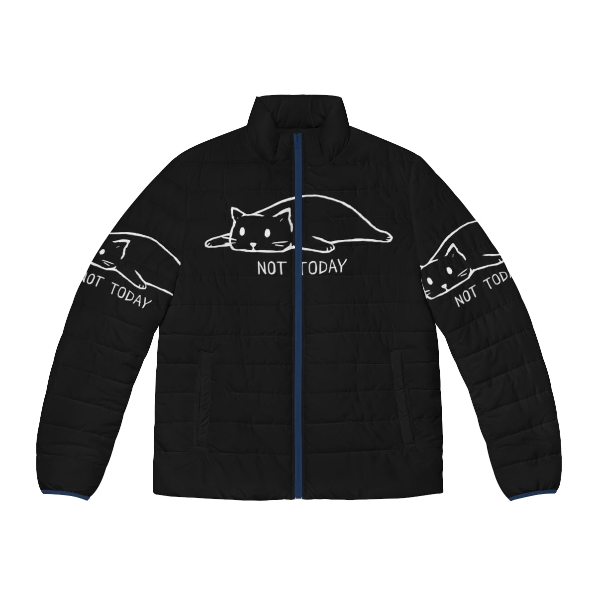 Puffer jacket with an image of a lazy, antisocial cat with the text "Not Today"