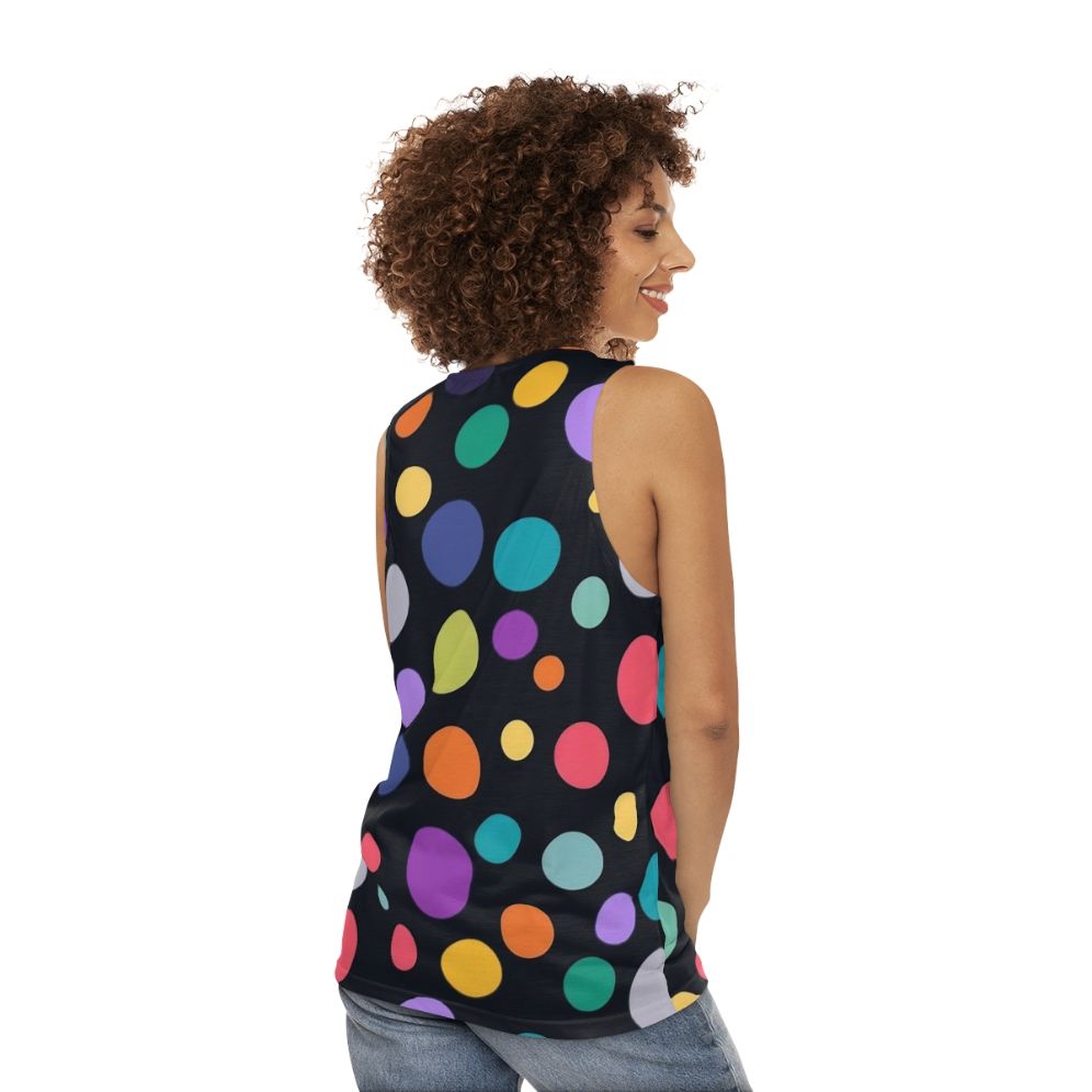 Colorful polka dot unisex tank top with minimalist geometric design - women back