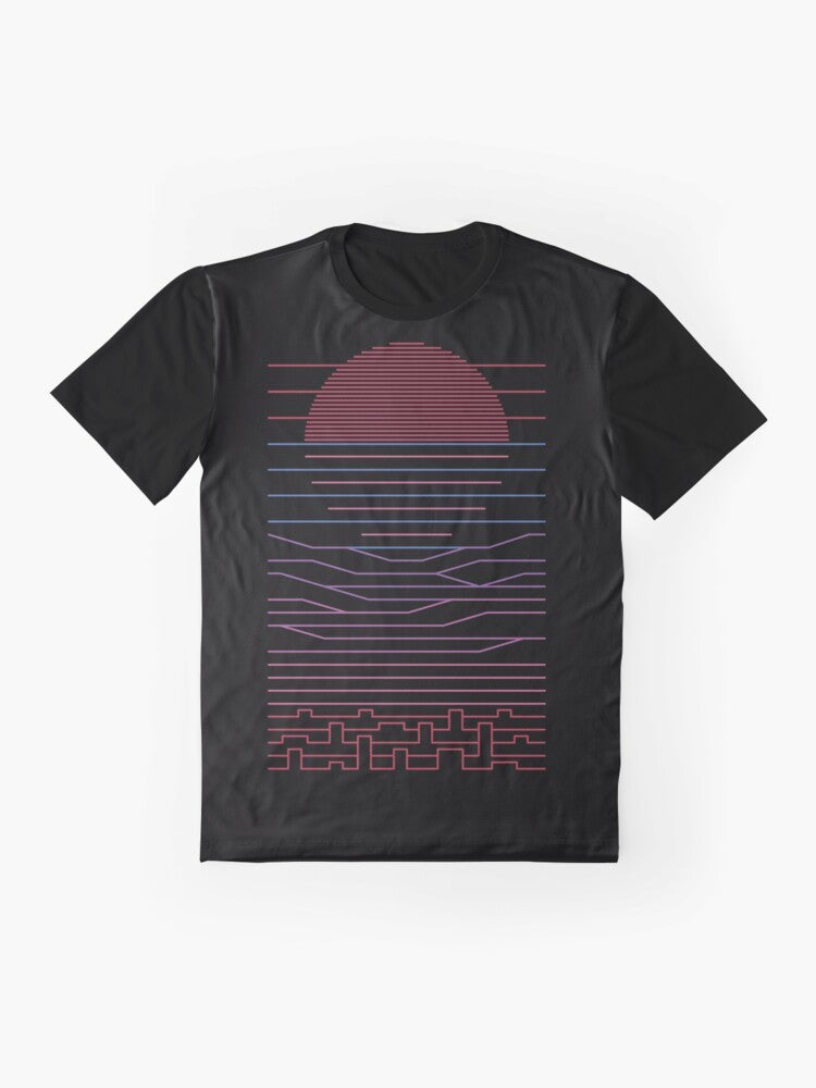 A graphic t-shirt design featuring a minimalist landscape with the sun, mountains, ocean, and city in the distance, with a focus on the keywords 'escape', 'travel', and 'summer'. - Flat lay