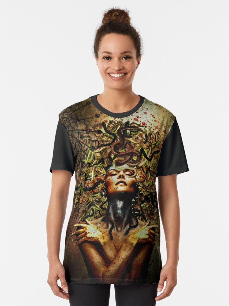 A surrealist graphic tee featuring the mythical Medusa with snakes as hair. - Women