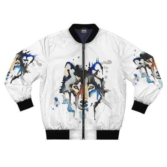 Watercolor wolf design on a bomber jacket with abstract realism style