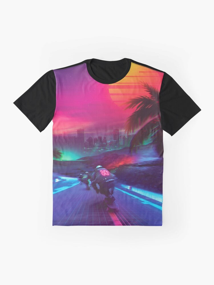 Synthwave neon graphic t-shirt with retro 80s and 90s inspired design - Flat lay