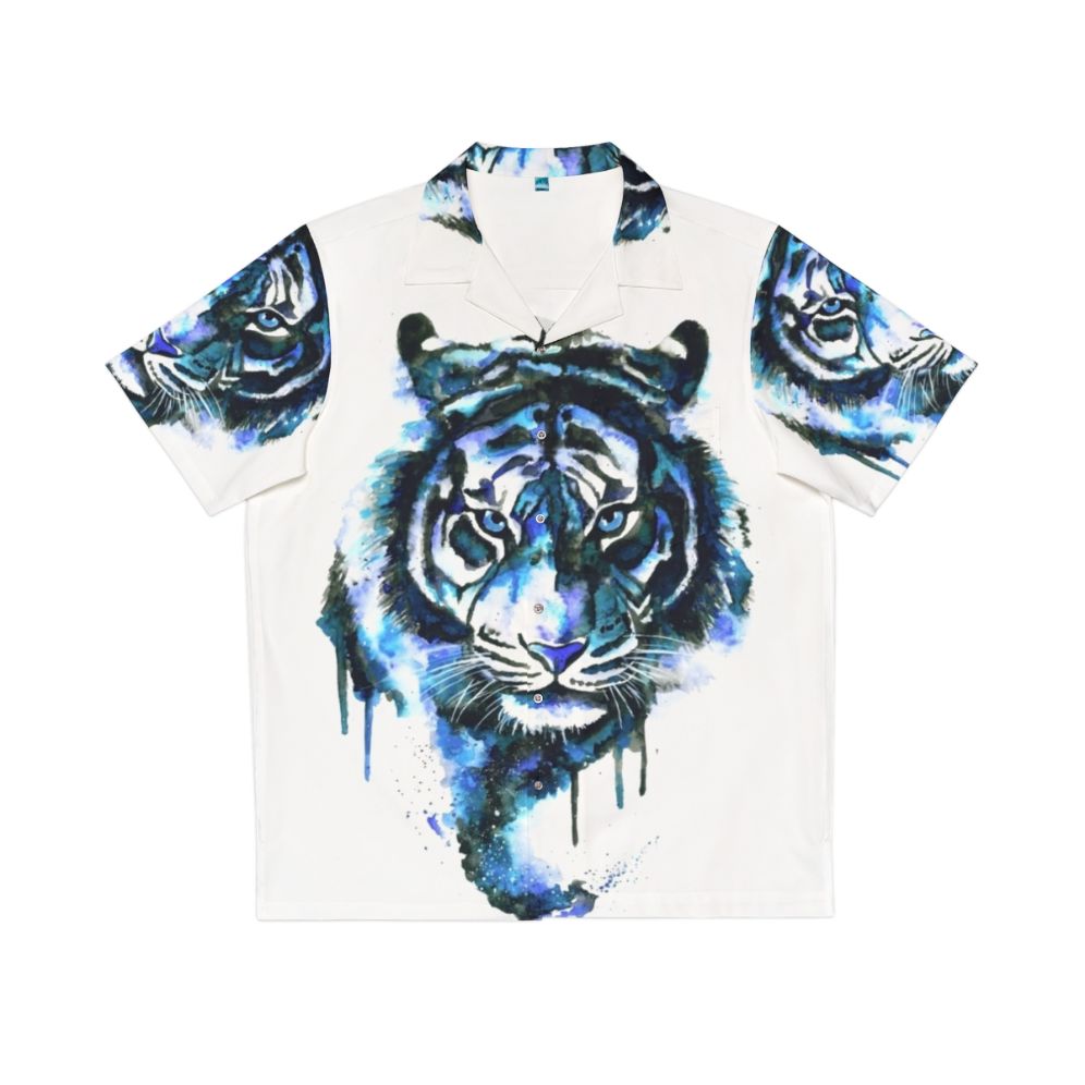 Blue Tiger Hawaiian Shirt with Tropical Floral Pattern