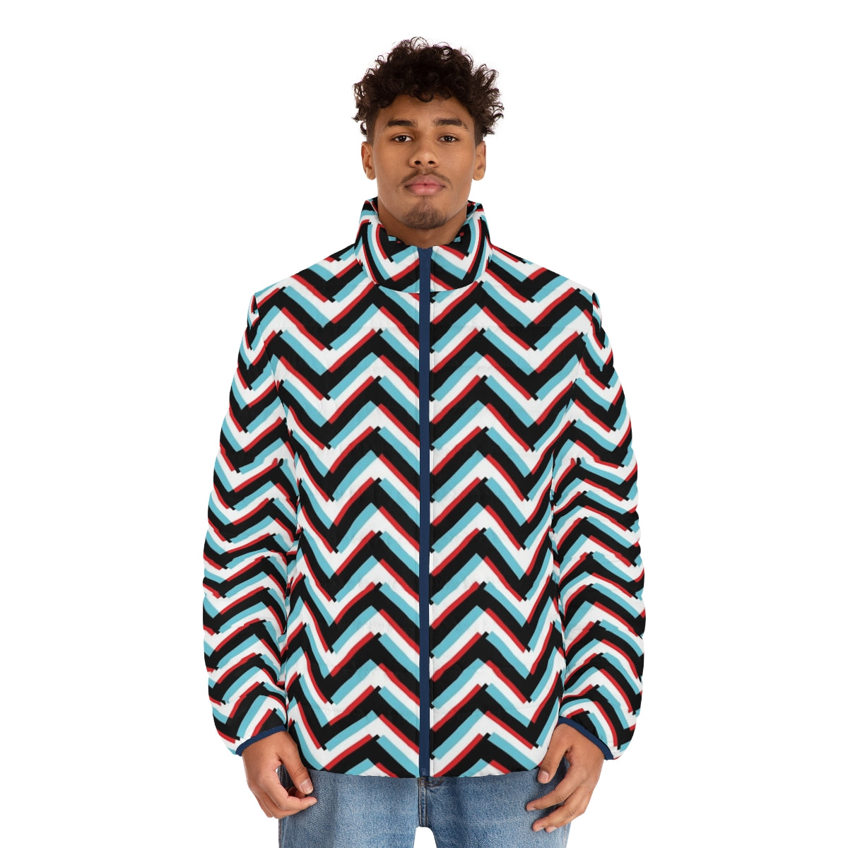 Stereoscopic chevron puffer jacket with zig zag pattern, abstract design inspired by David Lynch - men front