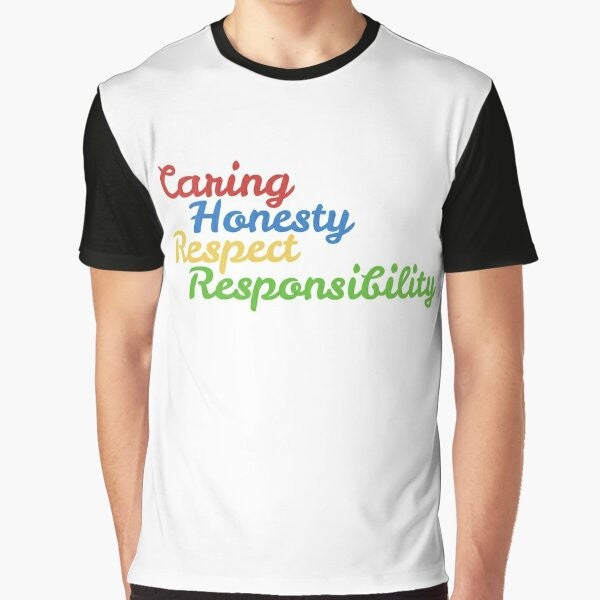 YMCA Core Values Graphic T-Shirt featuring the words "caring, honesty, respect, responsibility"