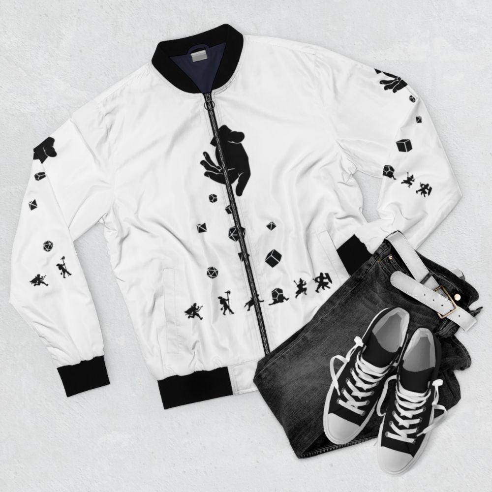 Rocks Fall, Everyone Dice Dungeons & Dragons Bomber Jacket with polyhedral dice pattern - Flat lay