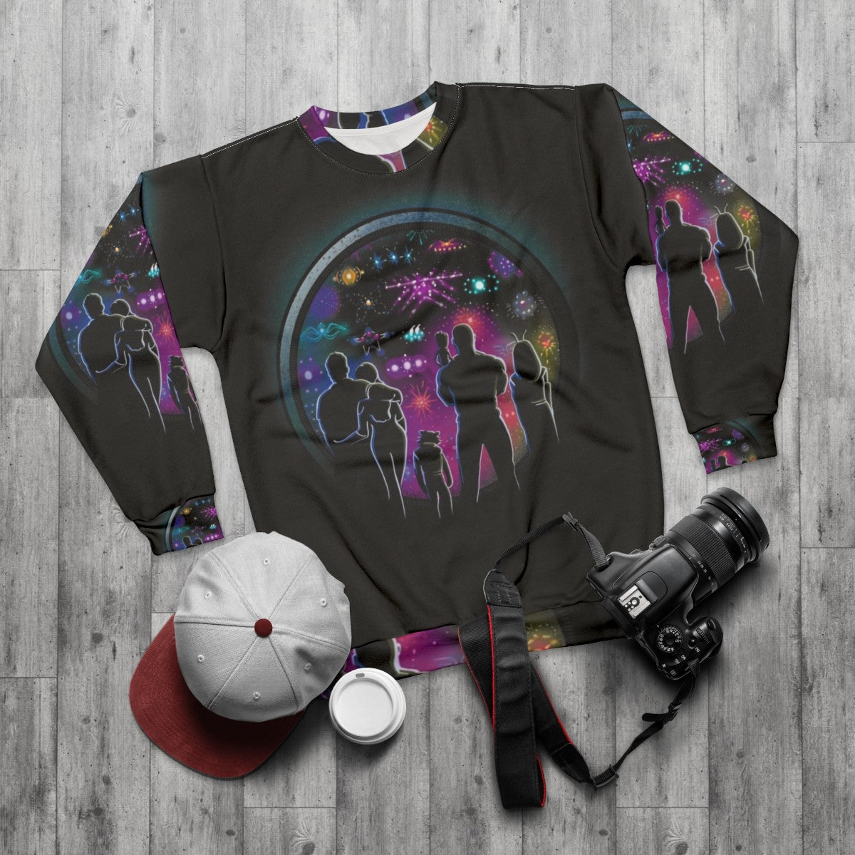 Ravagers Funeral Sweatshirt with Yondu and Guardians of the Galaxy Characters - flat lay