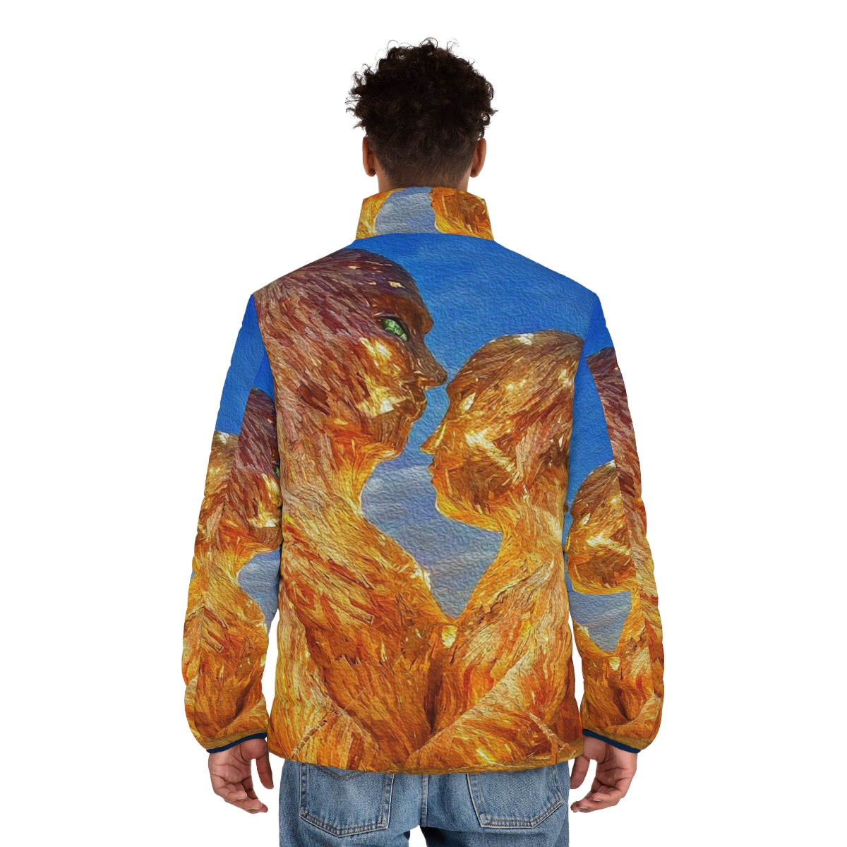 Burning man digital oil painting puffer jacket with dance, music, and nightlife design - men back