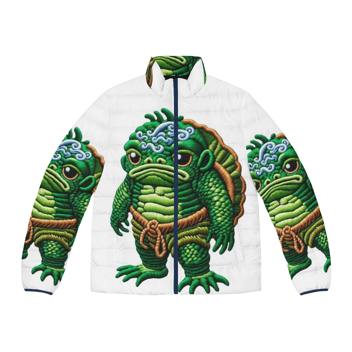 Embroidered puffer jacket featuring the kappa, a legendary Japanese mythical creature