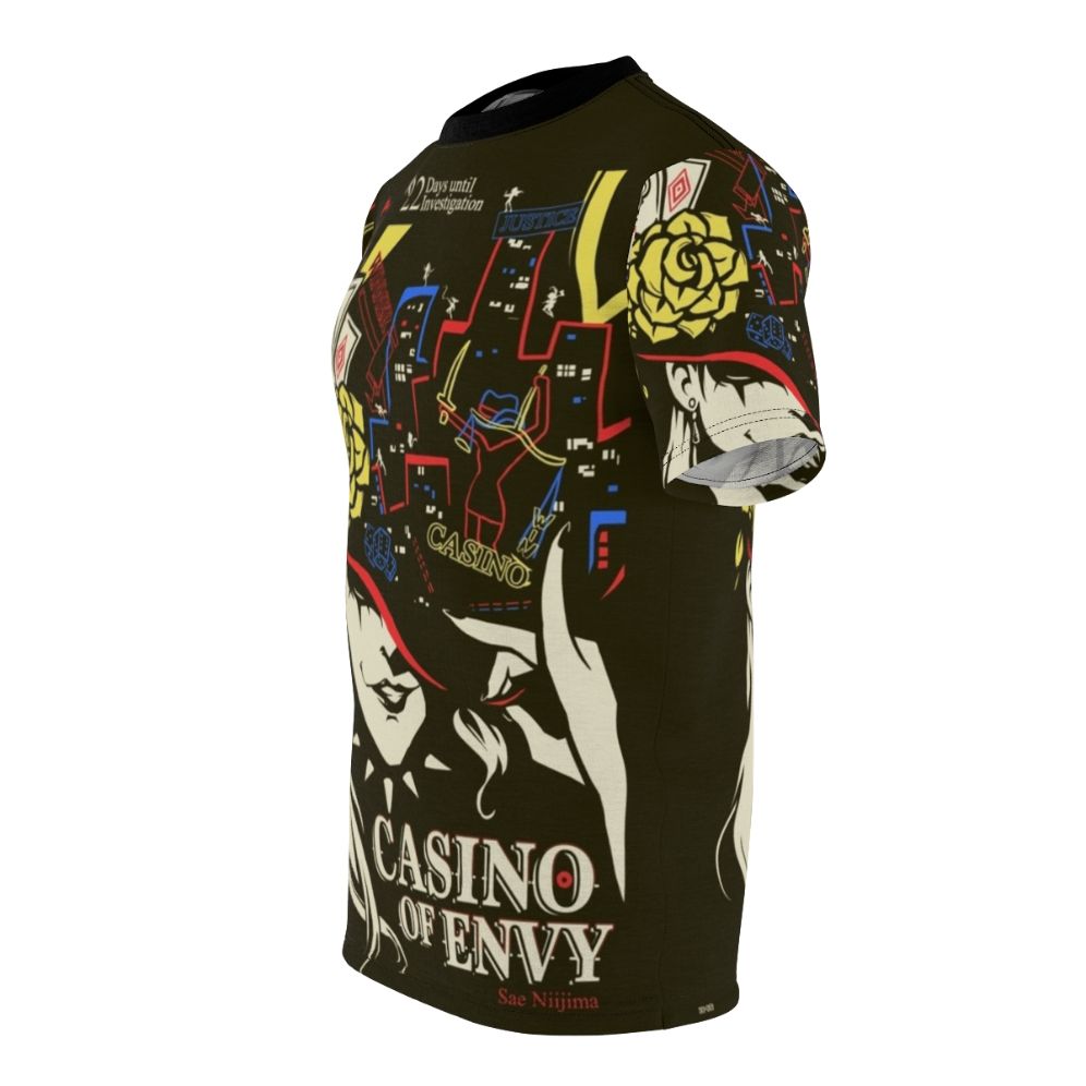 A high-quality T-shirt design featuring the "Casino of Envy" motif from the Persona video game series. - men left