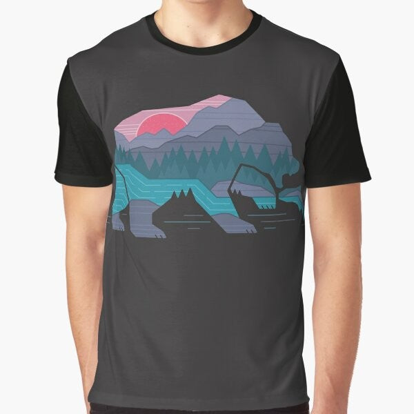 A minimalist graphic t-shirt design featuring a bear in a wilderness landscape with mountains, river, and forest.