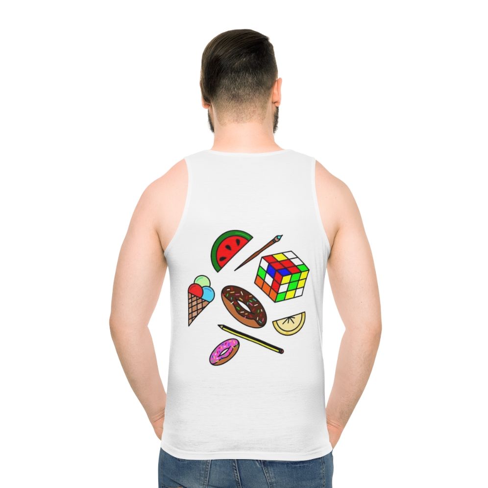 Colorful hobbies and food unisex tank top - men back