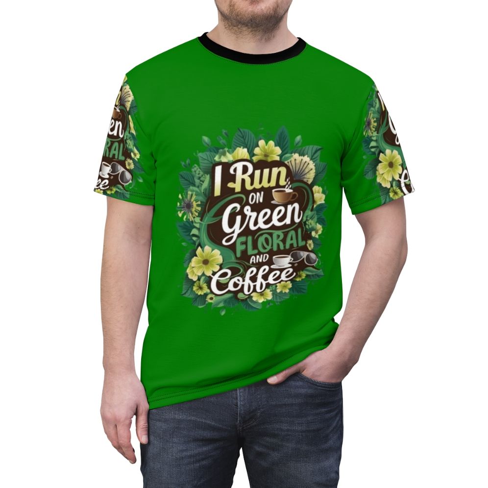 An all-over print t-shirt featuring a vibrant green floral and coffee design. - men front