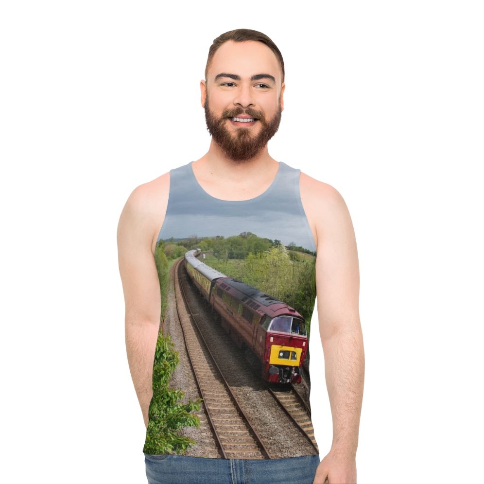 Unisex tank top with railway and western design - men