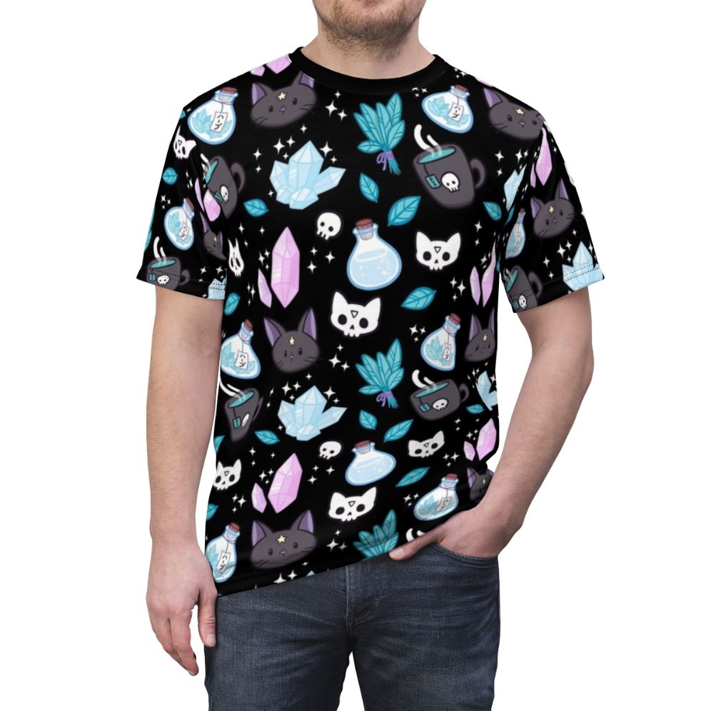 Bewitching Nikury pattern t-shirt featuring a black background with a magical cat, herbs, and occult symbols - men front