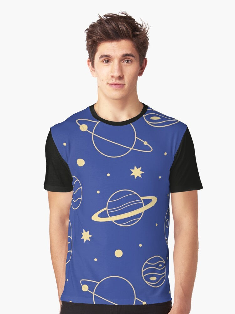 Graphic t-shirt featuring a minimalist design of the solar system and space elements - Men