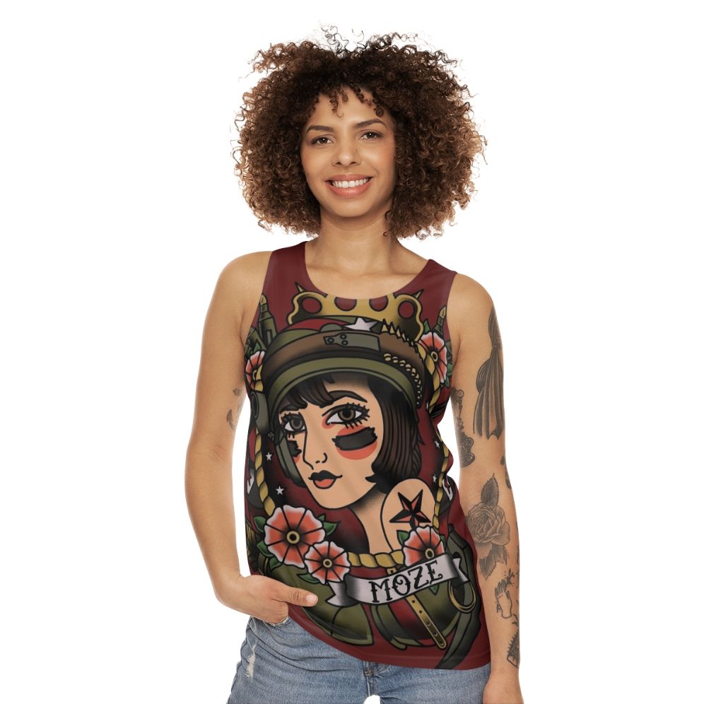 Vintage tattoo art Moze Borderlands unisex tank top - women