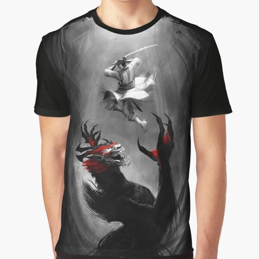 Samurai Jack Showdown Graphic T-Shirt featuring a battle between Samurai Jack and the demon Aku