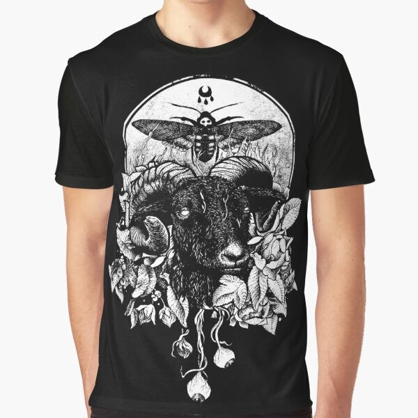 A gothic, dark, occult metal graphic t-shirt with a goat, witch, and other dark elements.