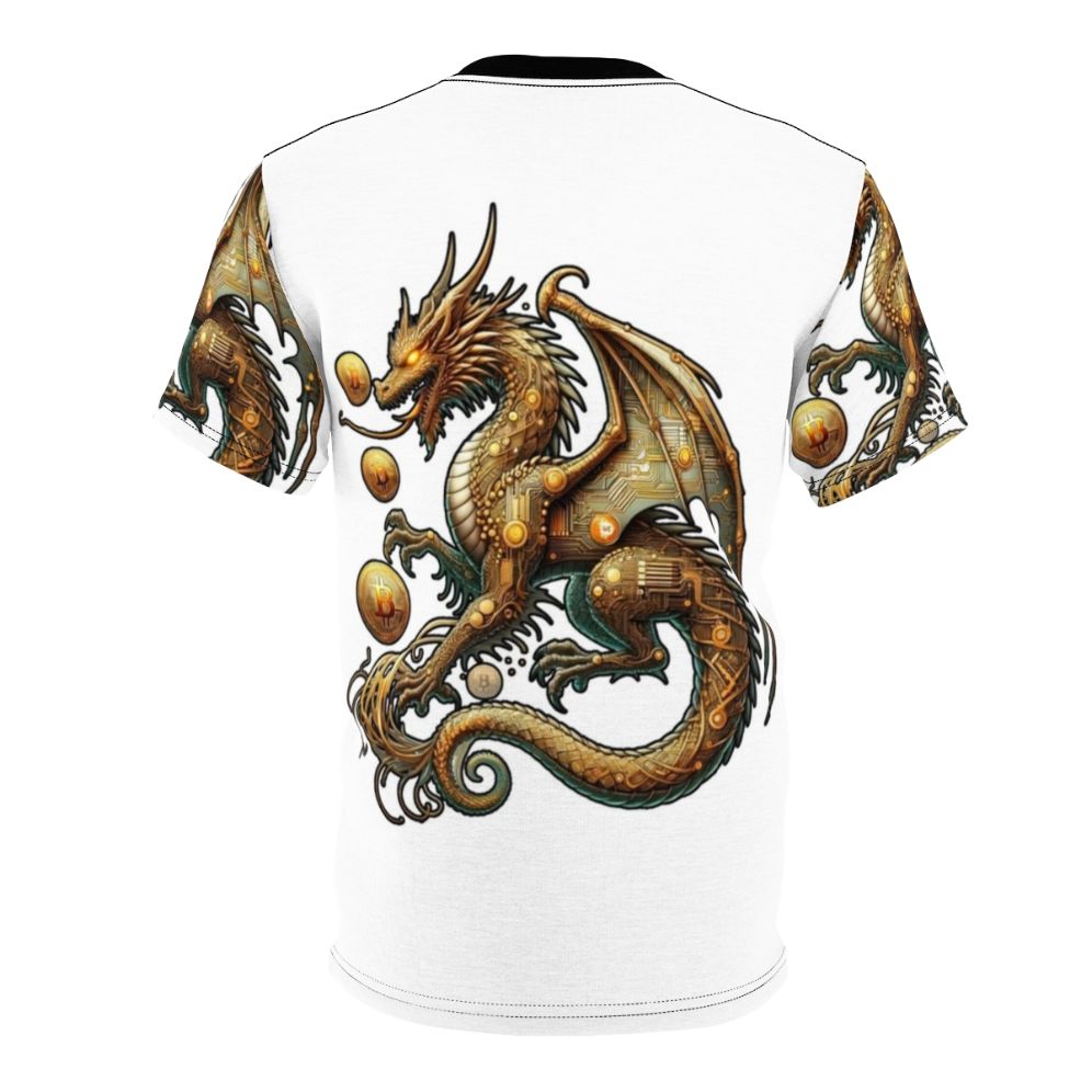 T-shirt featuring a dragon design with Bitcoin, cryptocurrency, and blockchain symbols. - Back