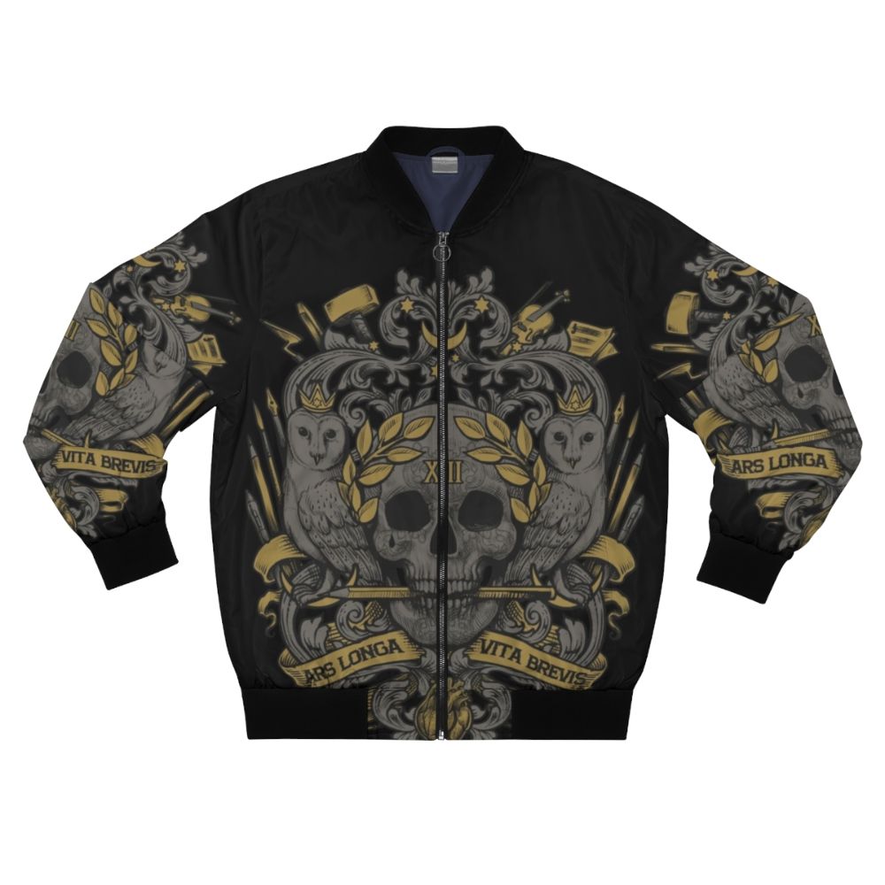 Ars Longa, Vita Brevis Artist's Bomber Jacket with coat of arms design, heraldic elements, and artistic motifs.