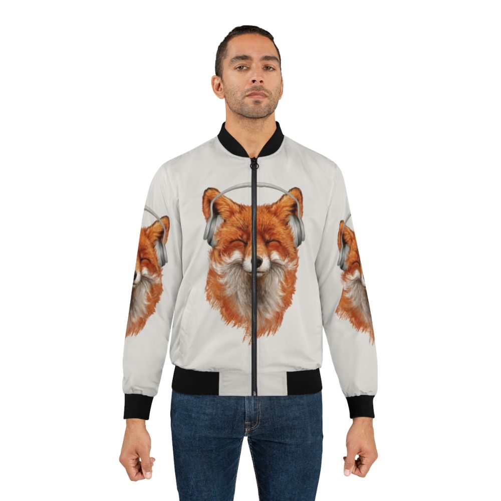 A bomber jacket featuring a happy, smiling fox in a musical, photo-realistic design. - Lifestyle