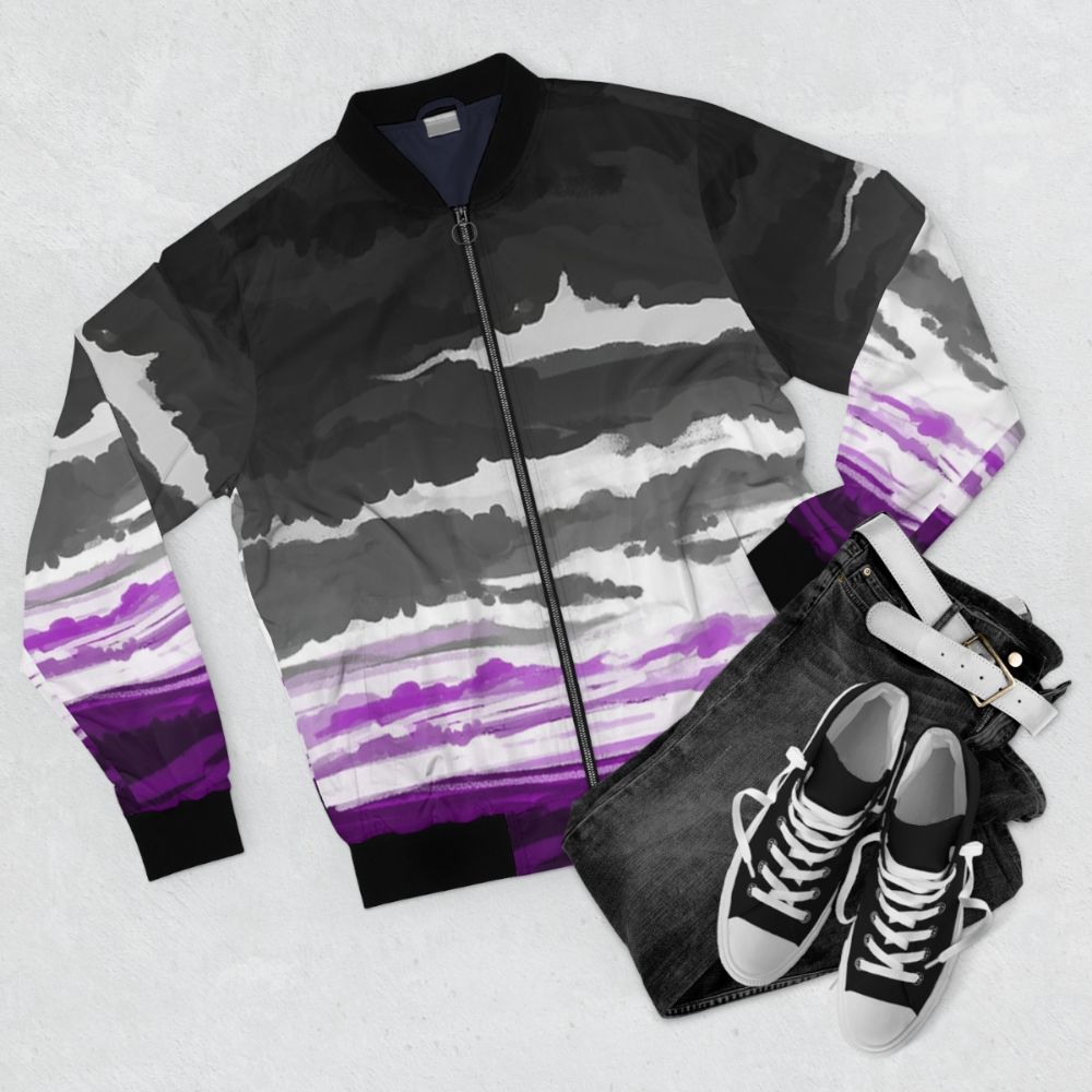 Asexual pride flag bomber jacket with bold graphic design - Flat lay