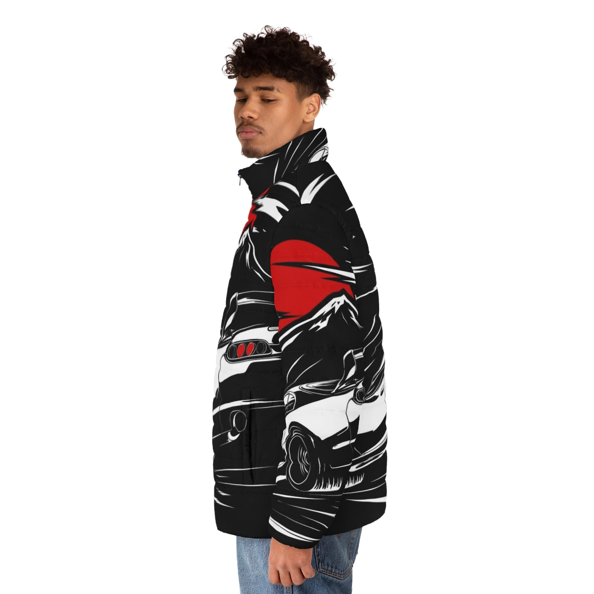 Toyota Supra MkIV inspired anime puffer jacket with Haruna character design - men side left