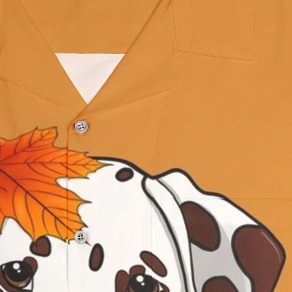 Dalmatian wearing a Hawaiian shirt with pumpkin spice and autumn leaves - Detail