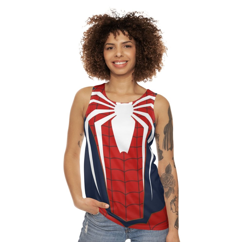 Unisex spider themed tank top with web design - women