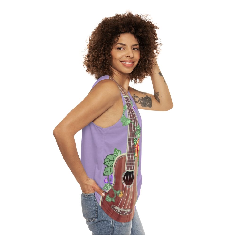 Koa ukulele inspired unisex tank top with floral design - women side