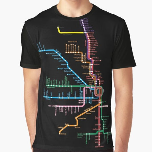 Chicago Train Transit Map Graphic T-Shirt featuring a map of the Chicago Transit Authority (CTA) train lines and stations