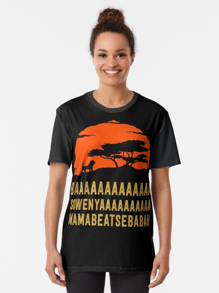 African lion silhouette with "BAAAAAAAAAAAAA SOWENYAAAAAAAAAA MAMABEATSEBABAH" text on a graphic t-shirt - Women