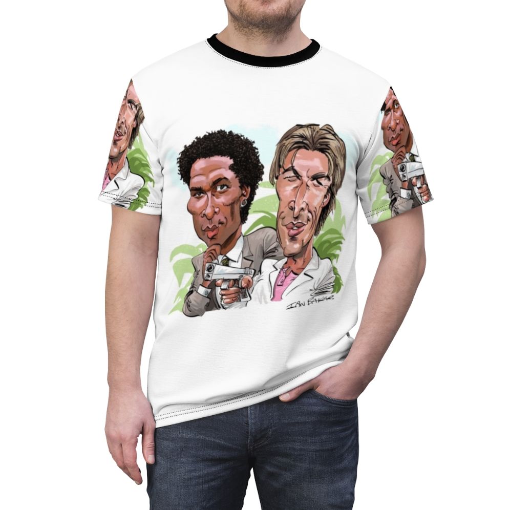 Retro 80s-inspired t-shirt with a cartoon caricature design featuring Miami-themed elements - men front