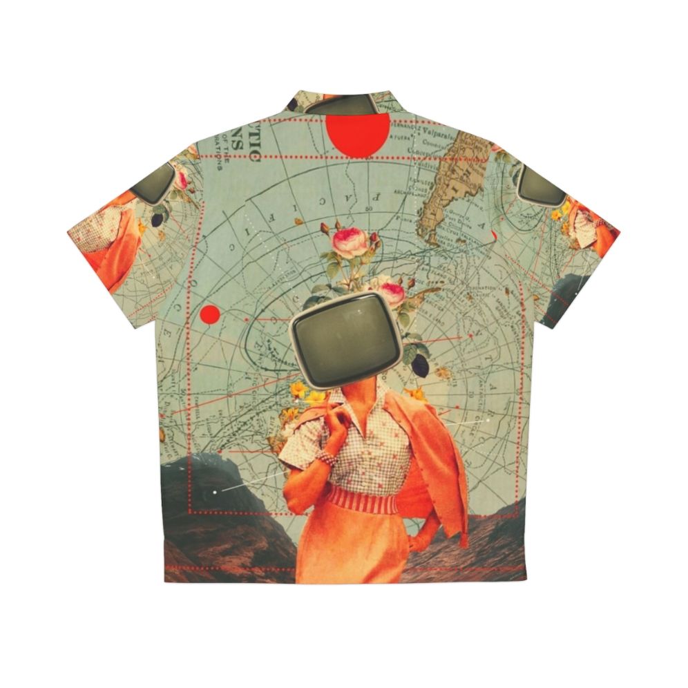 Vintage Hawaiian shirt with a surreal collage design featuring a nature landscape, floral patterns, and retro-inspired graphics. - Back