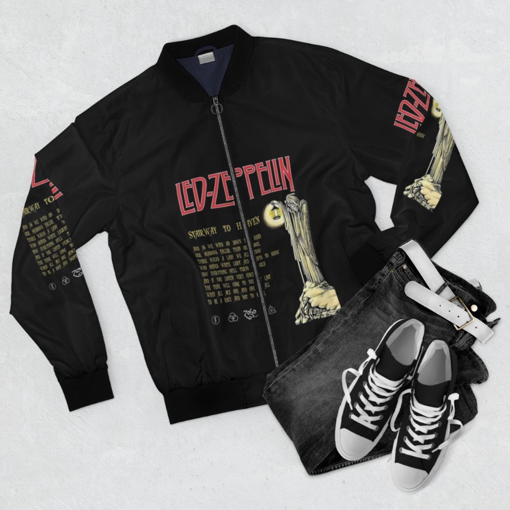 Stairway To Heaven Bomber Jacket featuring iconic song lyrics - Flat lay