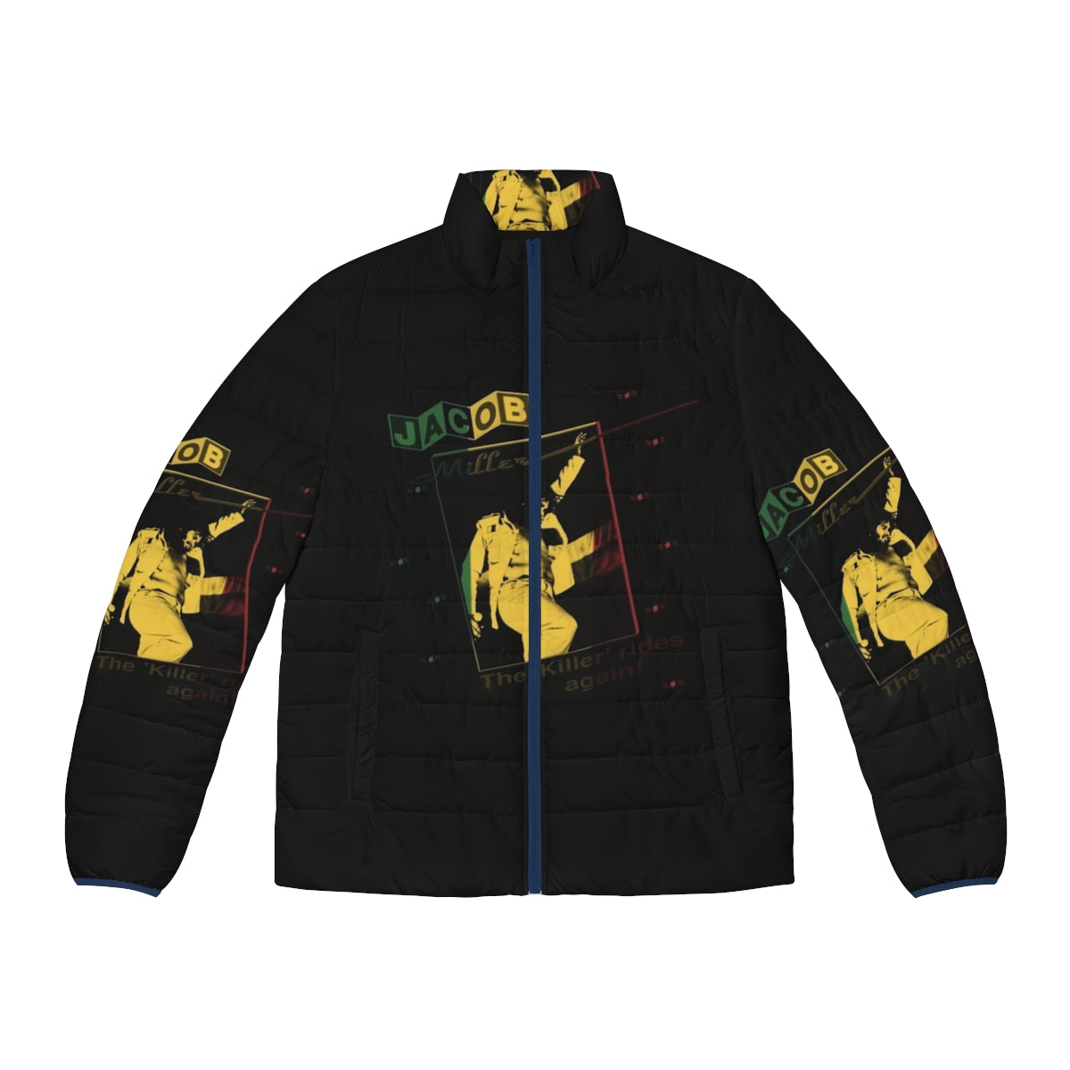 Rasta-inspired Jacob Miller puffer jacket with vibrant colors and reggae vibes