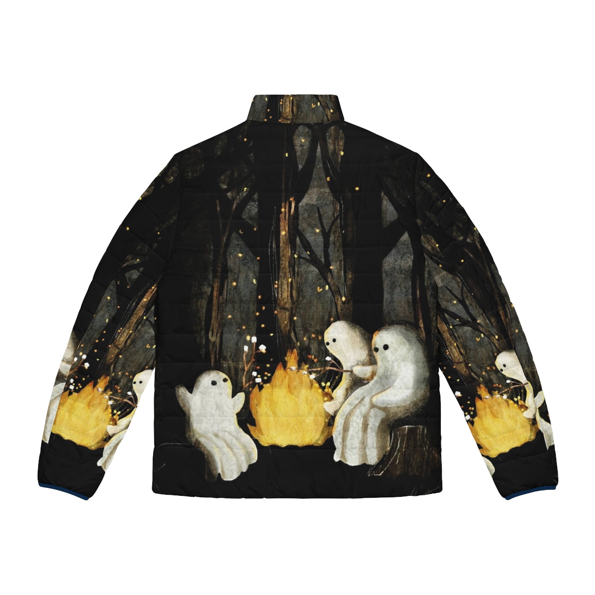 A cozy and whimsical puffer jacket featuring marshmallows and ghost stories for a spooky campfire experience - Back