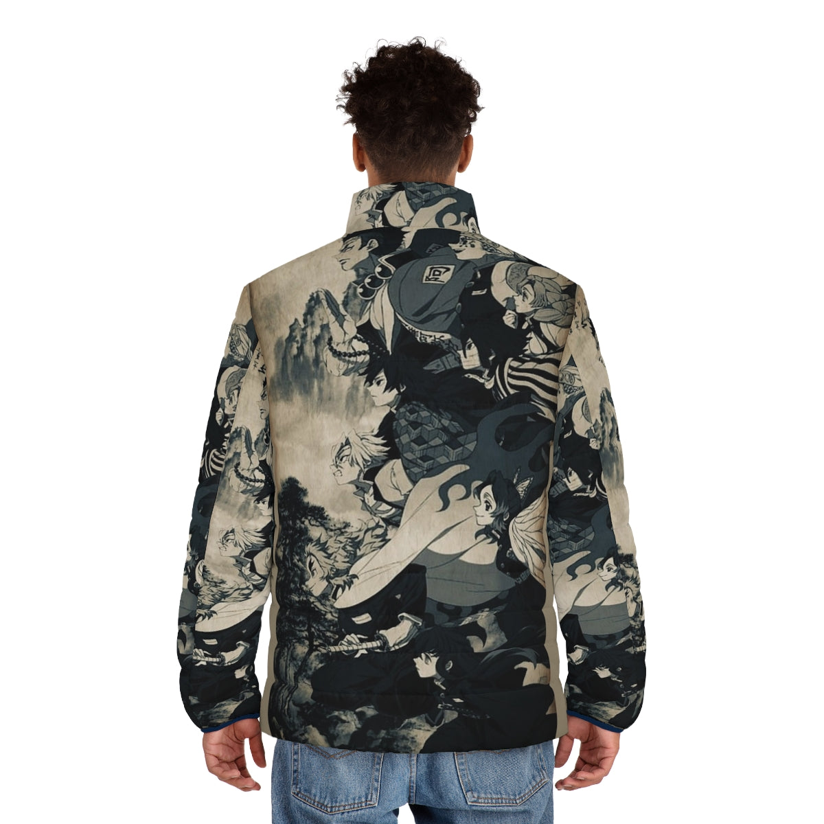 Demon Slayer inspired anime puffer jacket with cool aesthetic design - men back