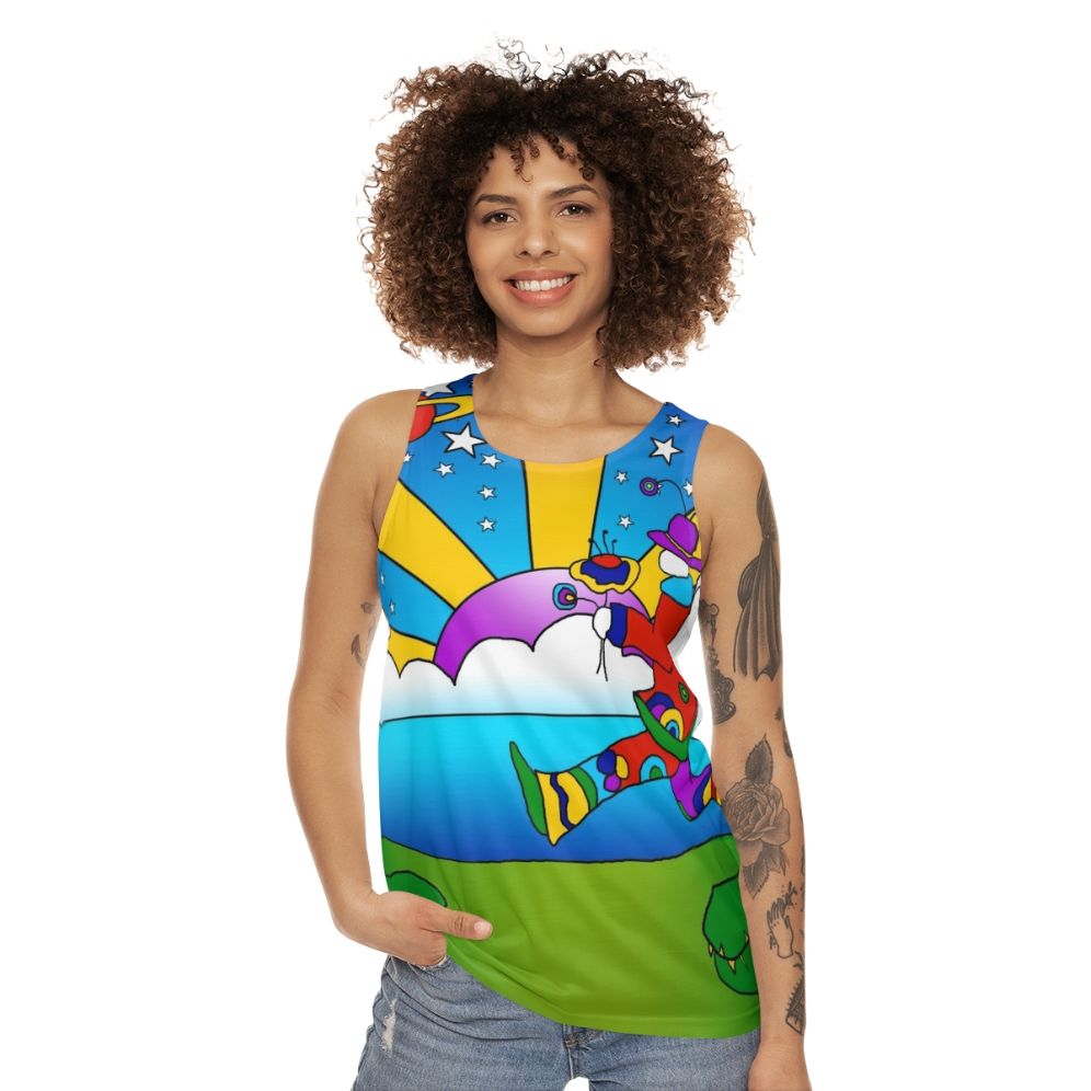 Unisex tank top with inspirational "It's Not the End, It's Only the Beginning" quote and psychedelic art design - women